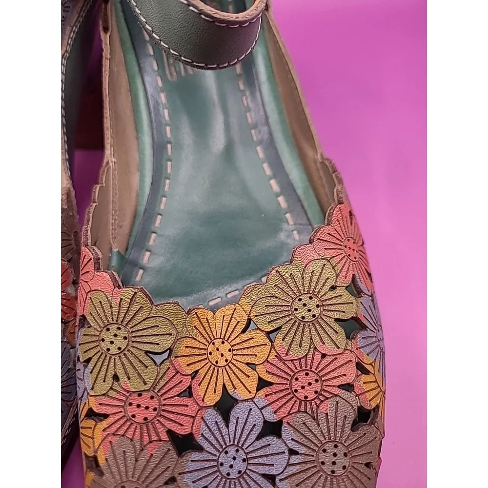 L'Artiste AVNIA Sandals Blue Multi Floral Hand Painted Peep Toe Heels 39 - Picture 12 of 12